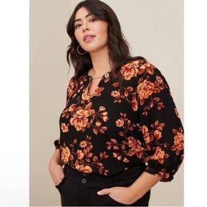 Torrid Black 3/4 Sleeve Blouse with Orange and Red Flowers and Gold Chain